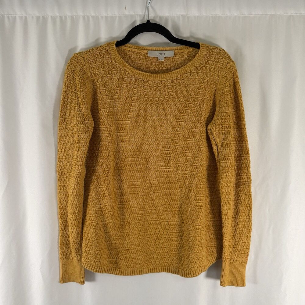 LOFT Sweater Women's Medium Yellow Knit Round Neck Long Sleeve Cotton Pullover